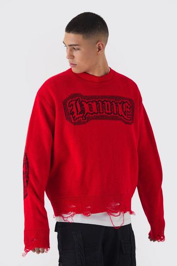 Oversized Crew Neck Homme Distressed Cross Knitted Jumper red