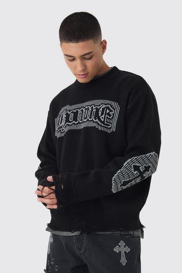 Black Oversized Crew Neck Homme Distressed Cross Knitted Jumper