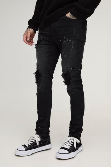 Tall Paint Splatter Biker Rip & Repair Zip Hem Skinny Jeans washed black