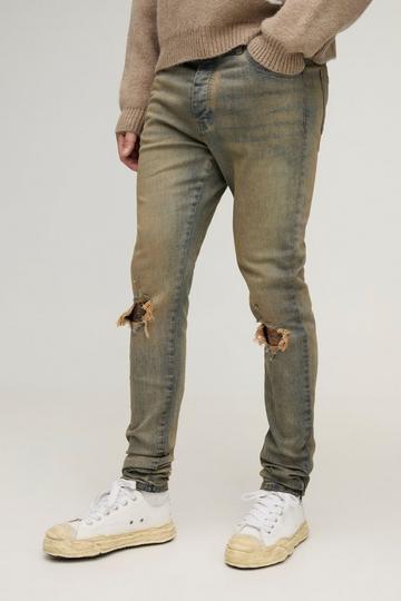 Tall Tinted Rip Knee Stacked Skinny Zip Hem Jeans antique wash