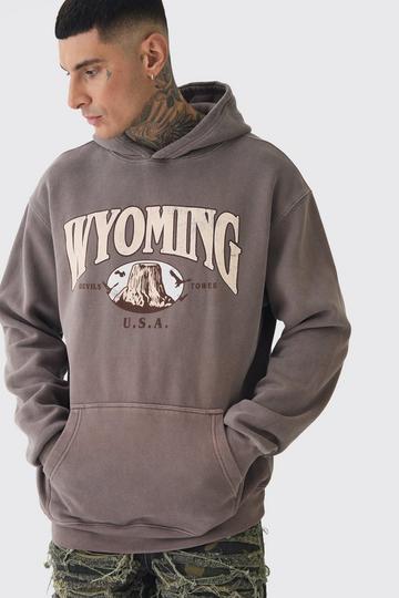 Chocolate Brown Tall Oversized Washed Wyoming Print Hoodie