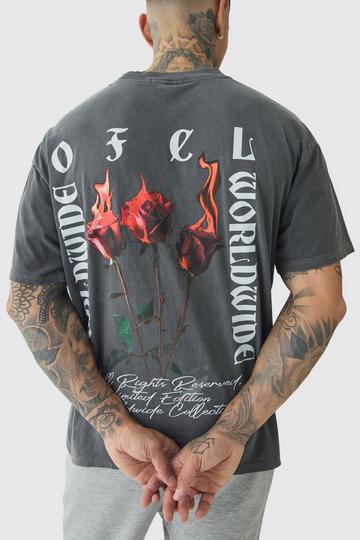 Tall Oversized Extended Neck Flame Rose Print Washed T-shirt charcoal