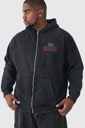 Charcoal Grey Plus Washed Racing Print Zip Through Hoodie