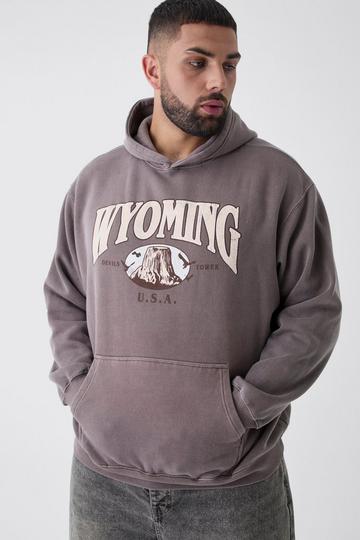 Chocolate Brown Plus Oversized Washed Wyoming Print Hoodie