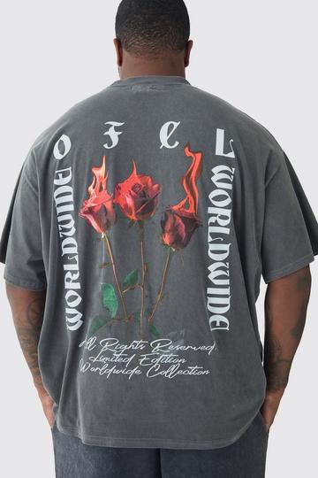 Plus Oversized Extended Neck Flame Rose Print Washed T-shirt charcoal