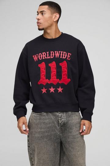 Black Oversized Boxy Moto Raw Edge Applique Sweatshirt