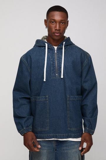 Oversized Extended Drawcord Denim Hoodie mid wash