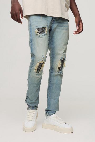 Biker Rip & Repair Stonewash Zip Hem Skinny Jeans stonewash