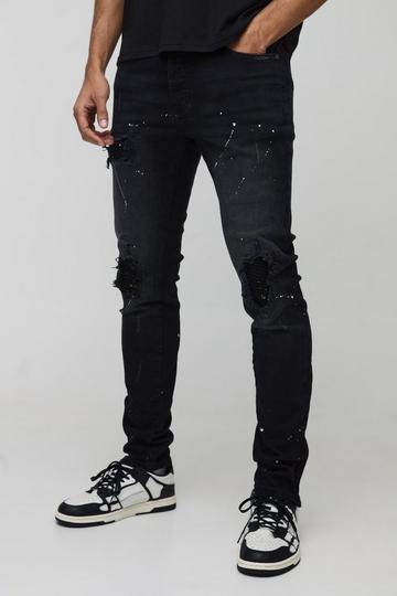 Rip & Repair Biker Skinny Jeans Met Rits En Verfspetters washed black