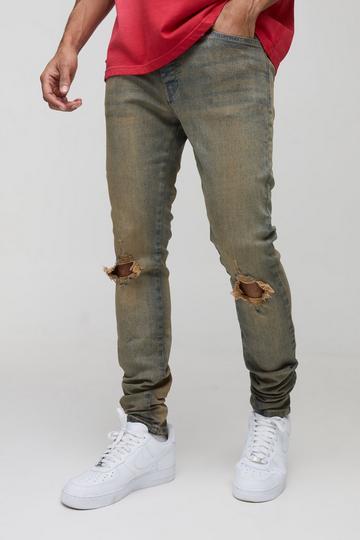 Tinted Rip Knee Stacked Skinny Zip Hem Jeans antique wash