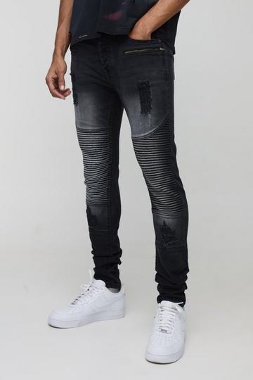 Washed Zip Biker Distressed Skinny Jeans washed black