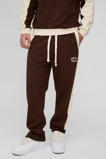 Chocolate Brown Slim Fit Embroidered Side Panel Colour Block Loopback Jogger