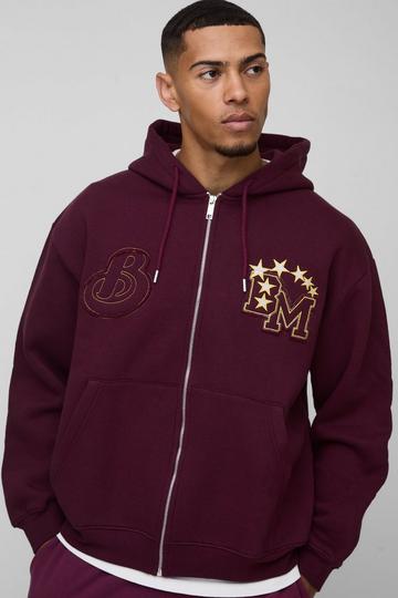 Oversized BM Varsity Applique Zip Through Hoodie burgundy