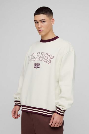 Ecru White Oversized Slogan Varsity 3D Embroidery Crew Neck Sweatshirt