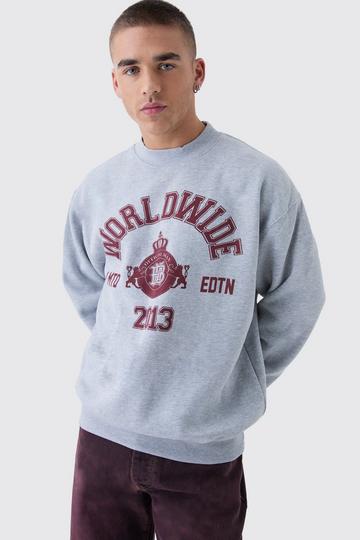 Oversized Slogan Varsity Print Crew Neck Sweatshirt grey marl