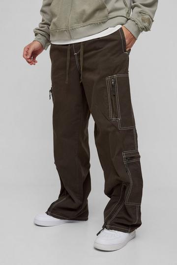 Elasticated Waist Baggy Canvas Contrast Stitch Cargo Trousers khaki