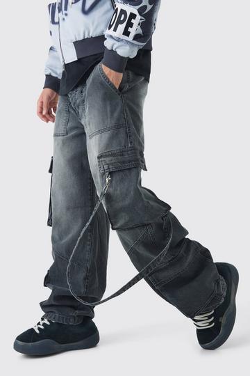 Grey Baggy Rigid Cargo Strap Denim Jeans