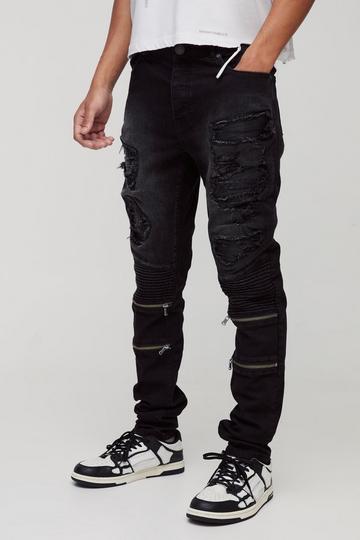 Skinny Stretch PU Rip & Repair Zip Denim Jeans washed black