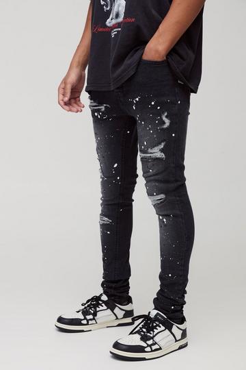 Black Super Skinny Rip & Repair Paint Splatter Denim Jeans