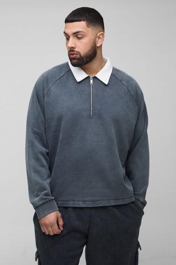 Charcoal Grey Plus Oversized Boxy Washed Polo Sweatshirt