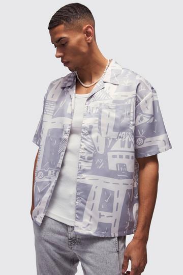 Oversized Road Overhemd Met Print En Revers Kraag dusty blue