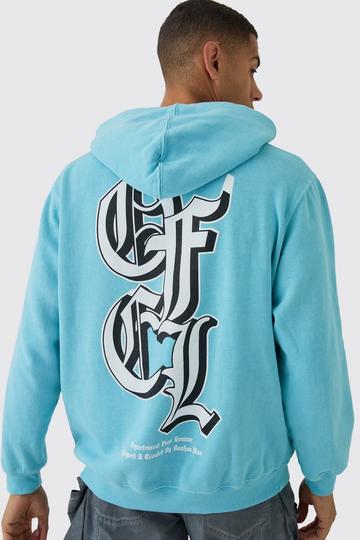 Oversized Gothic OFCL Printed Washed Zip Through Hoodie aqua