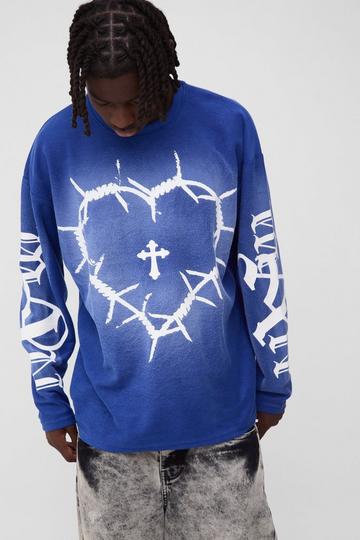 Oversized Reverse Loopback Heart Print Long Sleeve Spray Wash T-Shirt cobalt