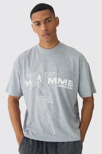 Grey Oversized Boxy Homme Star Puff Print T-Shirt