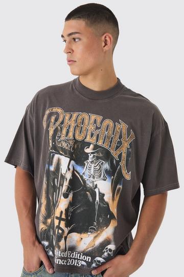 Oversized Boxy Extended Neck Phoenix Graphic Washed T-Shirt chocolate