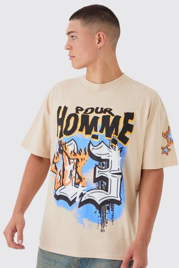 Oversized Boxy Homme Varsity Print T-Shirt sand