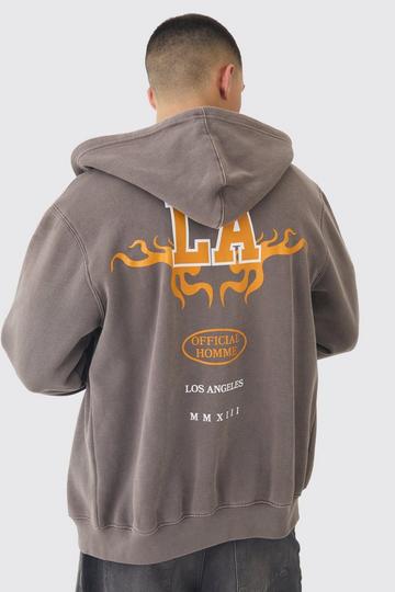 Chocolate Brown Washed LA Back Print Zip Through Hoodie