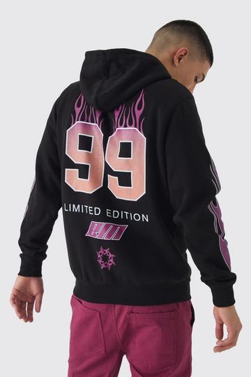 Moto Flame Print Zip Through Hoodie black