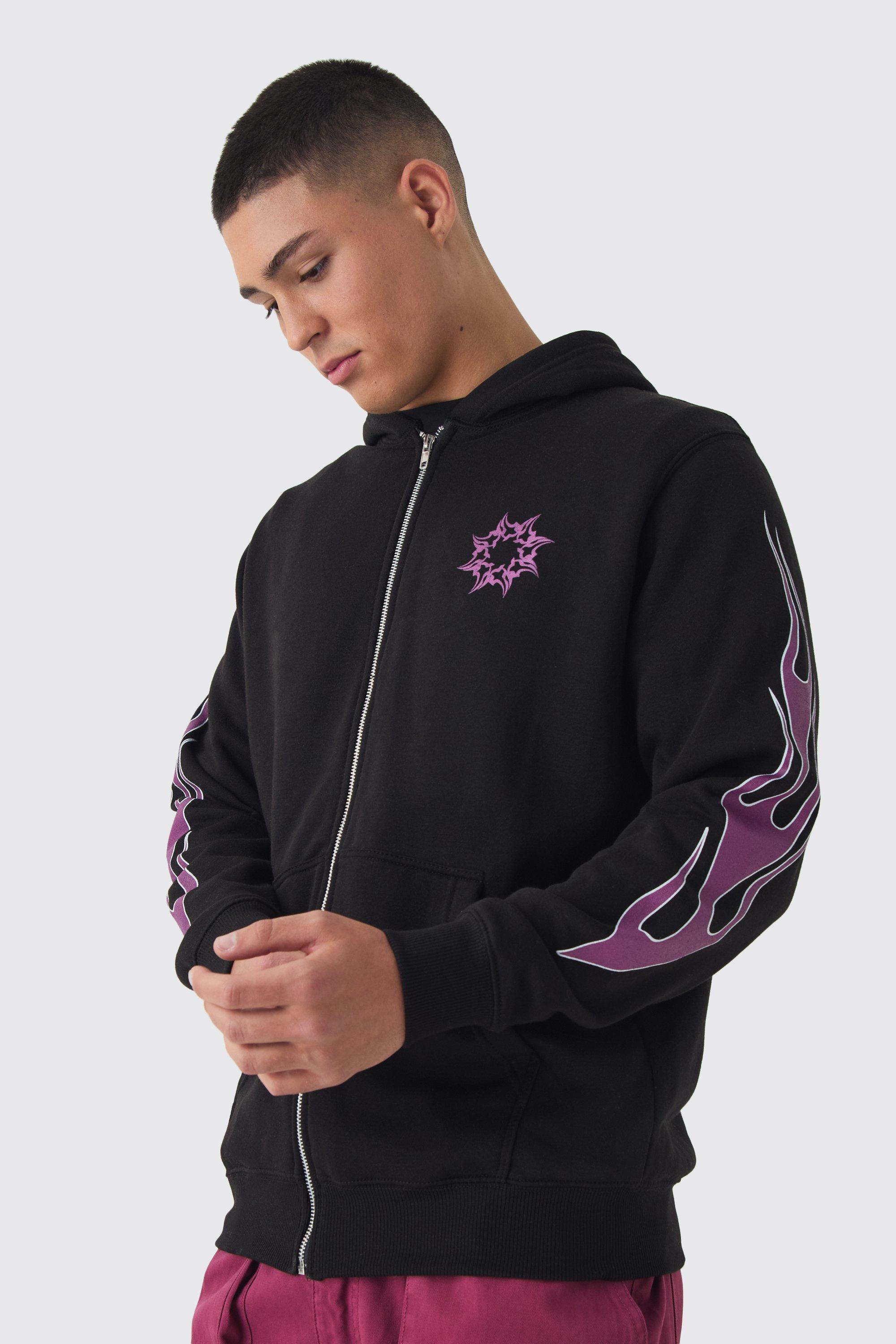 Moto Flame Print Zip Through Hoodie