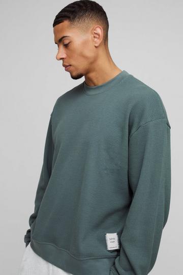 Extended Neck Boxy Man Woven Tab Waffle Sweatshirt forest