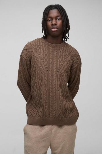 Boxy Fit Cable Knit Crew Neck Jumper taupe