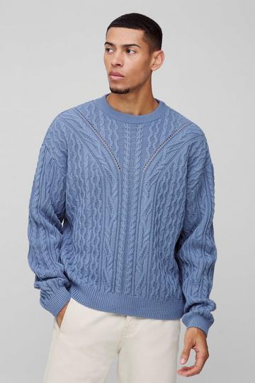 Boxy Fit Cable Knit Crew Neck Jumper blue