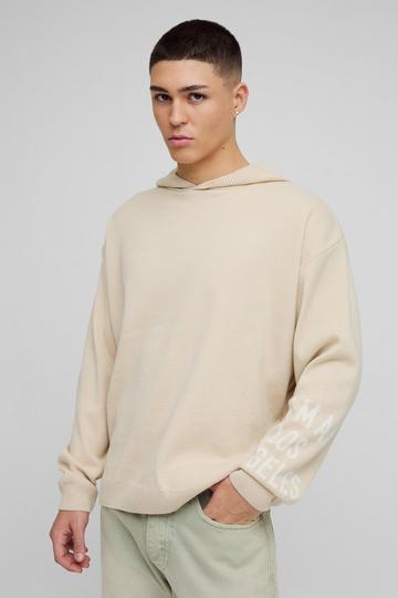 Ecru White Oversized Man Knitted Hoodie