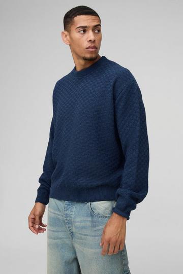 Blue Oversized Boxy Basket Knitted Crew Jumper