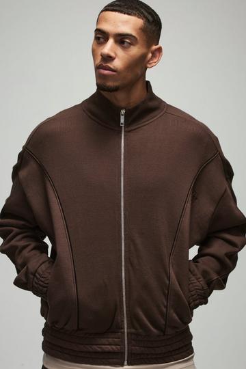 Chocolate Brown Oversized Heavy Rib Panelled 3D Embroidered Track Top