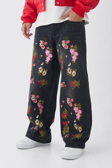 Baggy Fit Rigid Floral Embroidered Jeans washed black