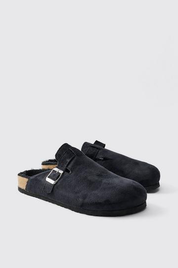 Black Faux Suede Sherpa Lined Mule In Black