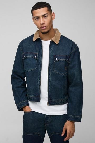 Oversized Boxy Trucker Denim Jacket With Cord Collar vintage blue