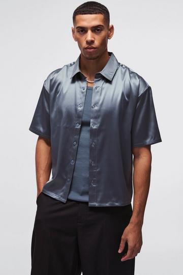 Oversized Boxy Satin Short Sleeve Shirt dusty blue