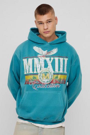 Teal Green Oversized Washed MMXII Print Hoodie