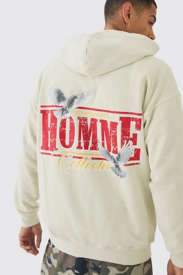 Homme Dove Printed Zip Through Hoodie ecru