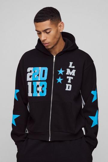 Oversized Boxy Ltd Edt Varsity Printed Zip Through Hoodie black