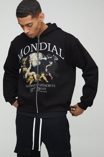 Black Oversized Boxy Large Scale Renaissance Print Zip Through Hoodie