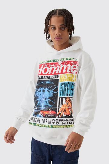 Oversized Boxy Homme Magazine Graphic Hoodie white