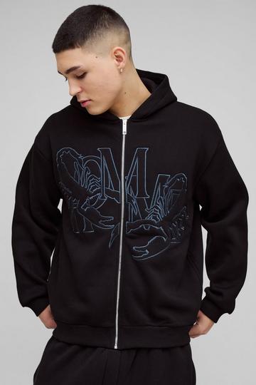 Black Oversized Homme Twill Applique Zip Through Hoodie