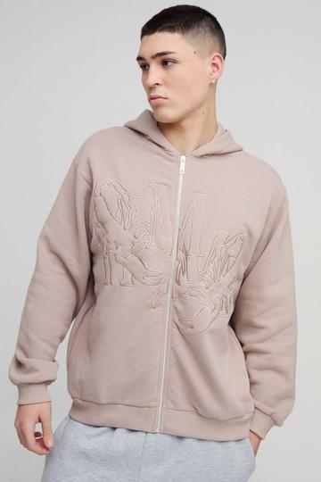 Oversized Homme Twill Applique Zip Through Hoodie taupe